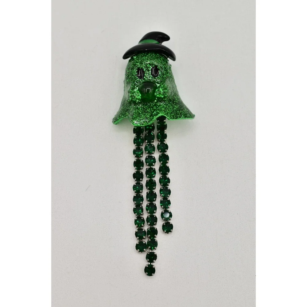 Betsey Johnson Green Ghost Witch Pin Brooch Halloween Green Crystal Glitter NWT
